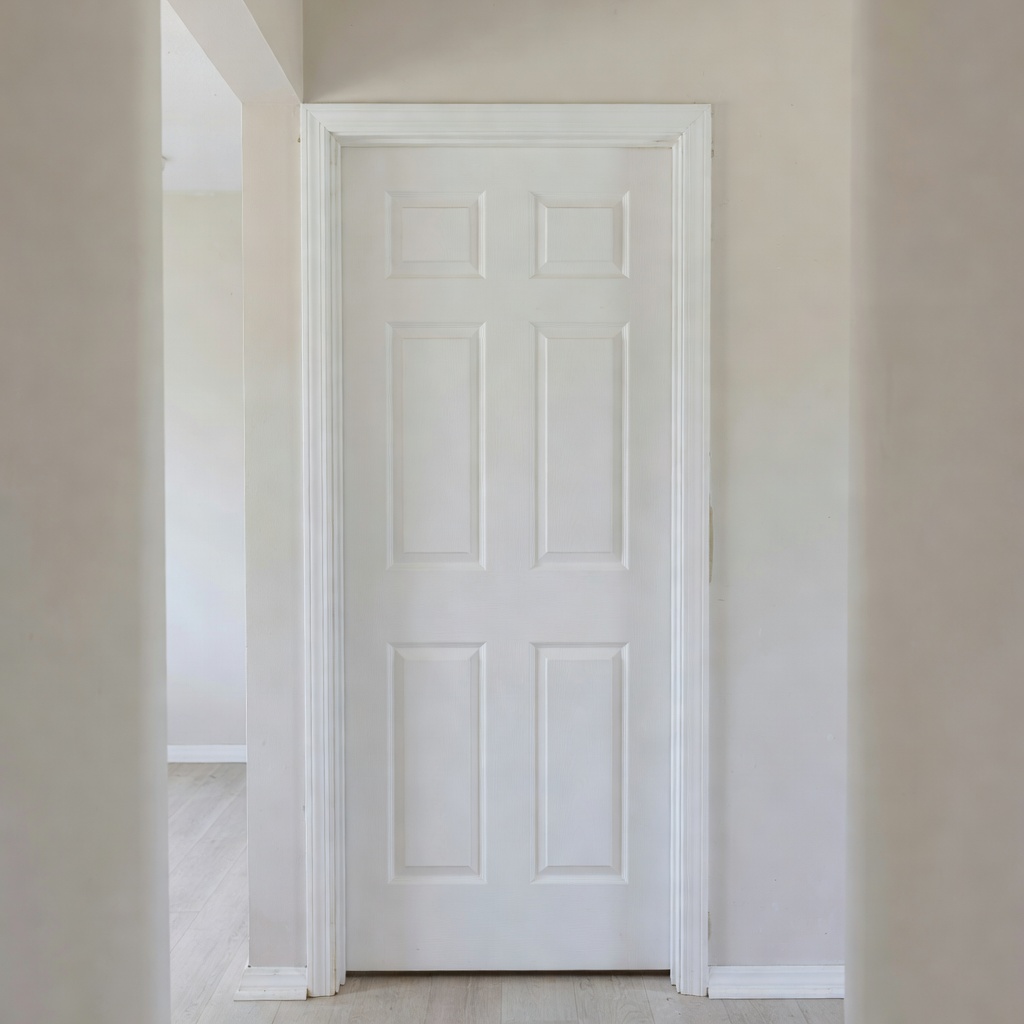 Newly installed white interior door with clean trim