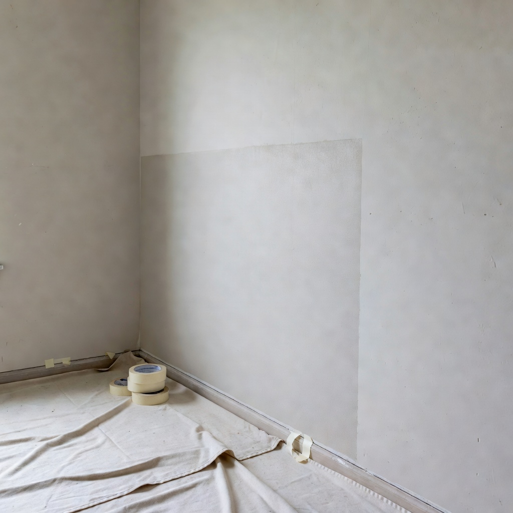 Drywall and paint repair prep with drop cloth and painter tape