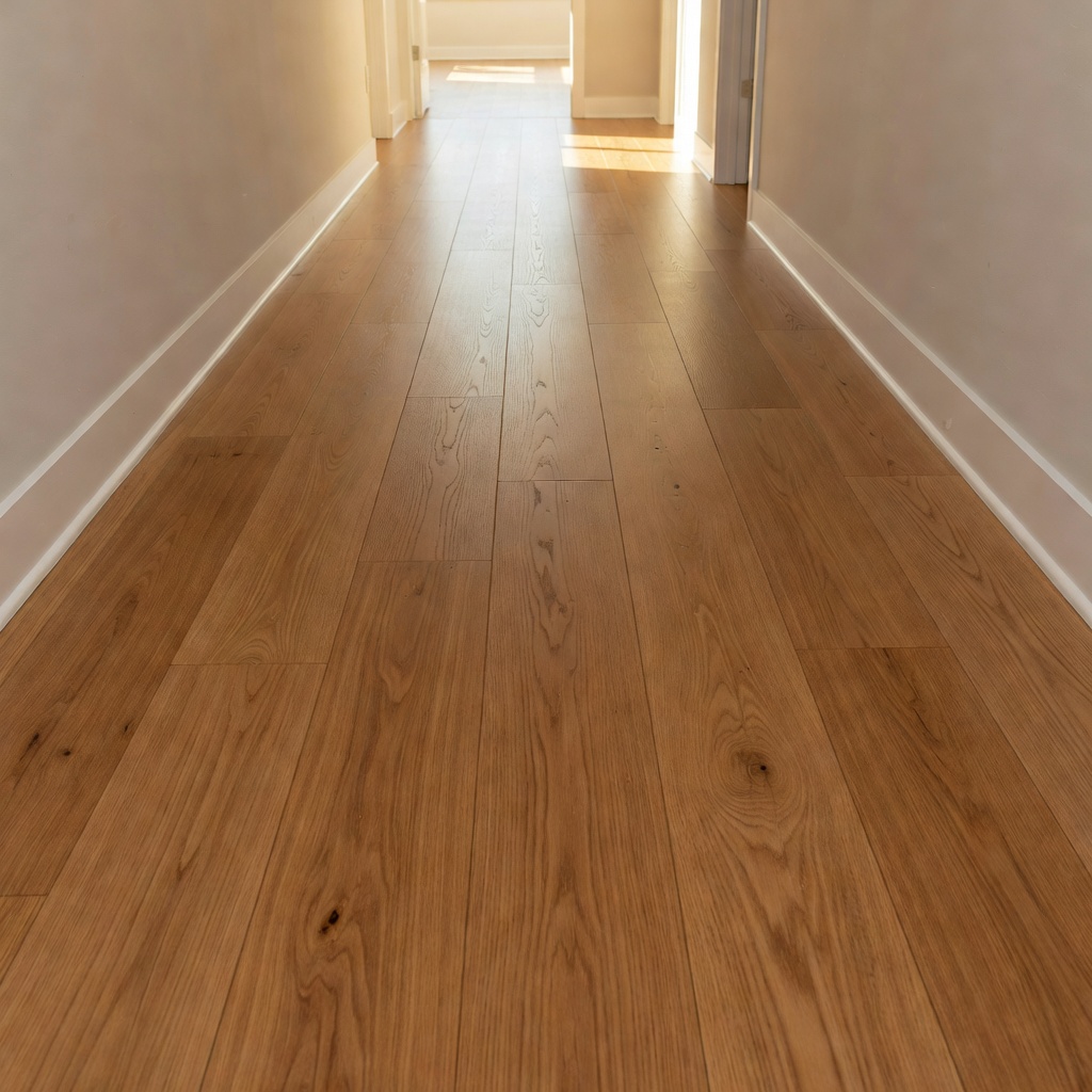 Warm wood-look flooring installed in a clean hallway