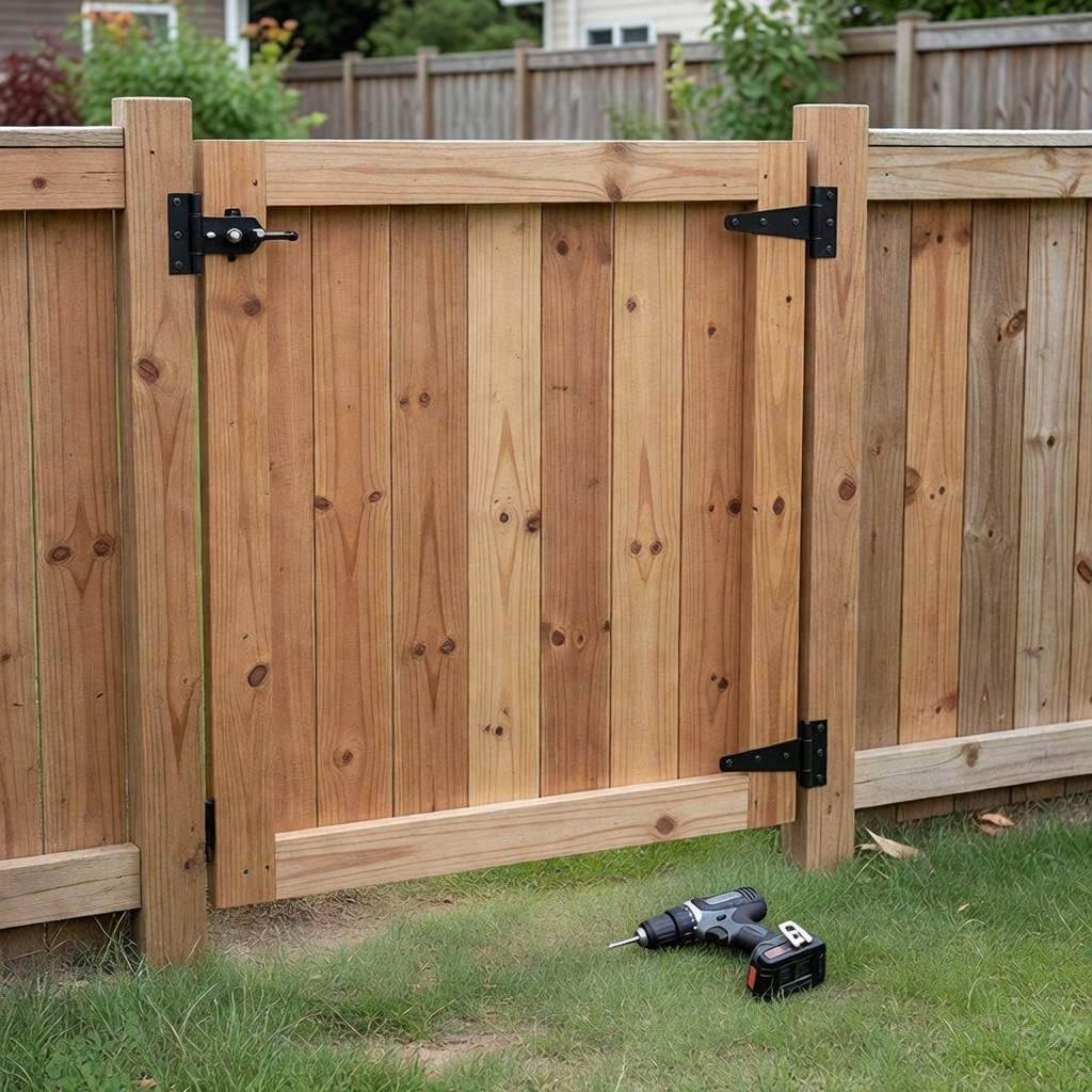 Freshly repaired wooden side-yard gate with normal black hardware