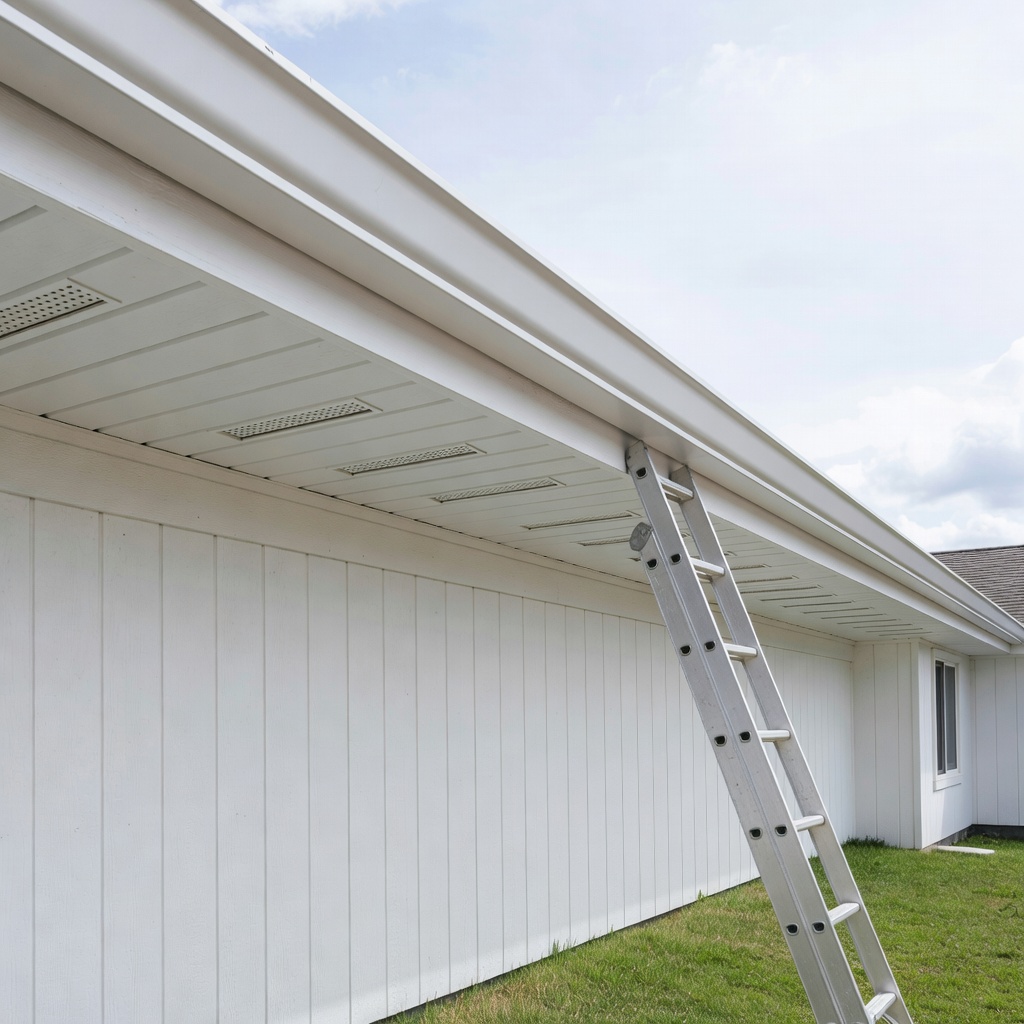 White gutter, fascia and soffit repair with a ladder nearby
