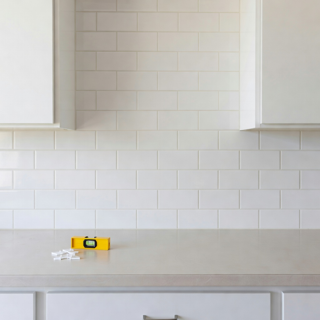 White tile backsplash installation with a level on the counter